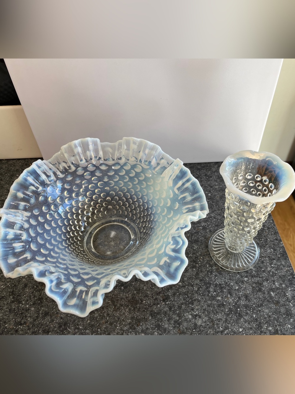 Opalescent White Hobnail Glass Decorative Bowl and Vase Set